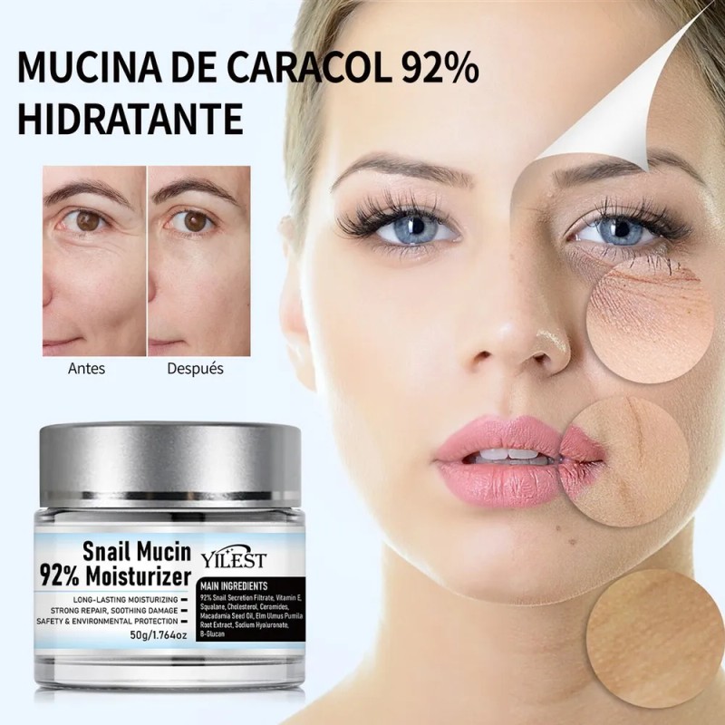 Crema Facial Hidratante YILEST 92% Baba de Caracol Antiarrugas Día