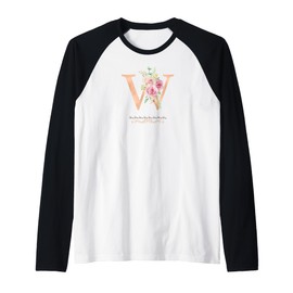 WOMENS LETTER 'W' INITIAL WATERCOLOR DUSTY PINK ROSE FLOWER Raglan Baseball Tee