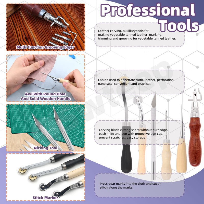 Swpeet 46Pcs Leather Kit, Leather Working Tools and Supplies, Leather