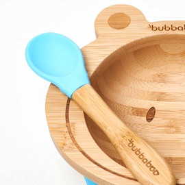 Bubba Boo Bamboo Bowl and Spoon Set Baby Suction Bowl Frog Design (Blue)