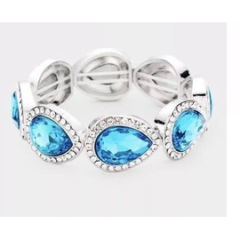Silver Aqua Stretch Cuff Crystal Rhinestone Prom Bracelet Teardrop Jewelry Earrings for Women #3298FE5584