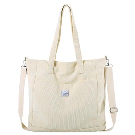 VASCHY Corduroy Tote Bag for Women,Casual Lightweight Large Work Tote with Zipper Hobo Shoulder Crossbody Bag Purse Beige
