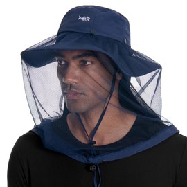 BASSDASH UPF 50+ Mosquito Sun Hat with Hidden Head Net and Neck Flap for Men Women Outdoor Fishing Hiking Camping Navy Blue