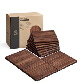 THYOI 10PCS 6 Slats Wood Deck Tiles, 12"x12" Interlocking Deck Tiles, Water Resistant for Indoor & Outdoor, Balcony Flooring, Square Joint (Dark Brown - Normal Base)