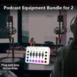 Podcast Equipment Bundle for 2, Streaming Audio Interface with 5 Channel, XLR Microphone Interface, RGB,48V Phantom Power, Perfect for Game,Podcast,Record,TikTok-White
