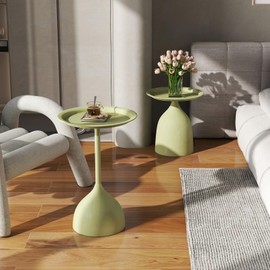 hitsuki Green Nesting Coffee Table Set of 2 Funky Colorful Round Metal End Side Tables for Living Room Sofa Retro Modern Pedestal nightstand Cute Matte Cream Green Side Table