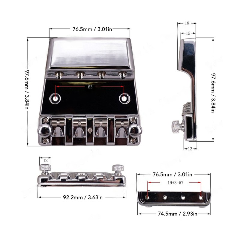 Electric Bass Bridge Replacement 4 Strings Height Adjustable Zinc Alloy