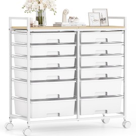 Rolling Storage Cart with 12 Drawers, Wooden Tabletop Utility Cart for Craft Storage, Art Supply Storage & Home Office Organization, Teacher Cart with Wheels for Classroom, School (White)