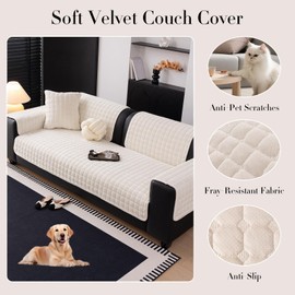 JPGGD Velvet Couch Covers for Sofa, Sofa Covers Washable Sectional, Large Anti-Slip Sofa Slipcovers for 3-4 Cusions and L-Shaped Sofas(1pc, Beige White, 36"×94")