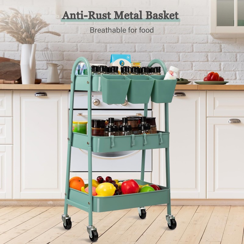 danpinera 3-Tier Rolling Cart, Utility Cart Mobile Metal Rolling Storage