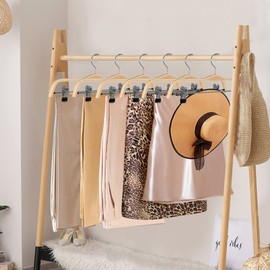 JS HANGER Wooden Pant Hangers, 5-Pack Light Weight Wood Skirt Hangers with Anti-Rust Hook and 2-Adjustable Clips