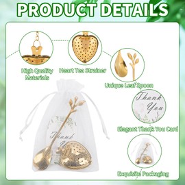 50 Sets Bridal Shower Tea Party Favor for Heart Shape Infuser Ball for Loose Guest Leaf Tea Spoon with Thank You Card Organza Bag Wedding Favors Tea Party Decorations Elegant Party Favors(Gold)