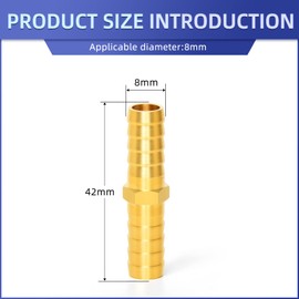 ERGAOBOY 5 Pcs 8mm Brass Hose Barb Connector, 2 Way Straight Hose Fitting with 10 Pcs Clamps