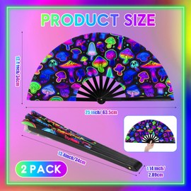 Boao 2 Pcs Large Rave Folding Hand Fans for Men Women Festival Fan Chinese Foldable UV Glow Fan with Bags for Line Dancing, Kungfu, Music Festival Party, Disco, Performance(Magic Mushroom)