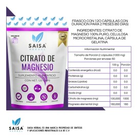 Citrato de magnesio y Citrato de Potasio bolsas 120 cápsulas cada uno Suplemento Alimenticio  Saisa Herbal Sin sabor  Alta biodisponibilidad  Apoyo...
