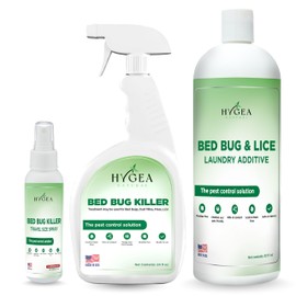 Hygea Natural Exterminator Combo Pack, Non Toxic Treatment, Natural Bugs & Lice Eradicator, Includes Spray 24 oz, Travel Spray 3 oz & Laundry Treatment 32 oz