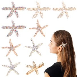 8 Pcs Starfish Hair Clip Seashell Hair Clips, Pearls Crystal Hair Clips , Bride Wedding Head Pieces Ponytail Holder Hair Accessories for Women and Girls
