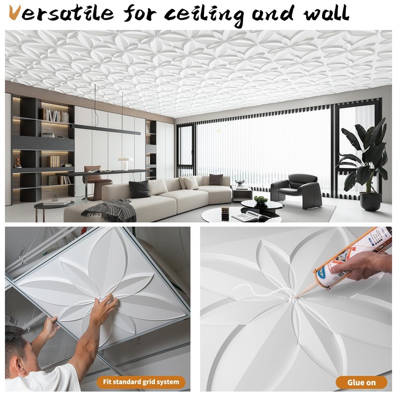 WOWSTAR 12-Pack 24"x24" Drop Ceiling Tiles, Waterproof Glue Up Ceiling