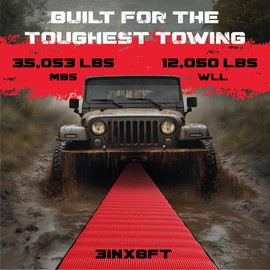 GearAmerica Heavy Duty Tow Strap 3"x8' - Tree Saver Winch with 35,053 lbs Break Strength, Offroad Weather Resistant Recovery Rope & Triple Reinforced Loops (Red) - ATV Accessories