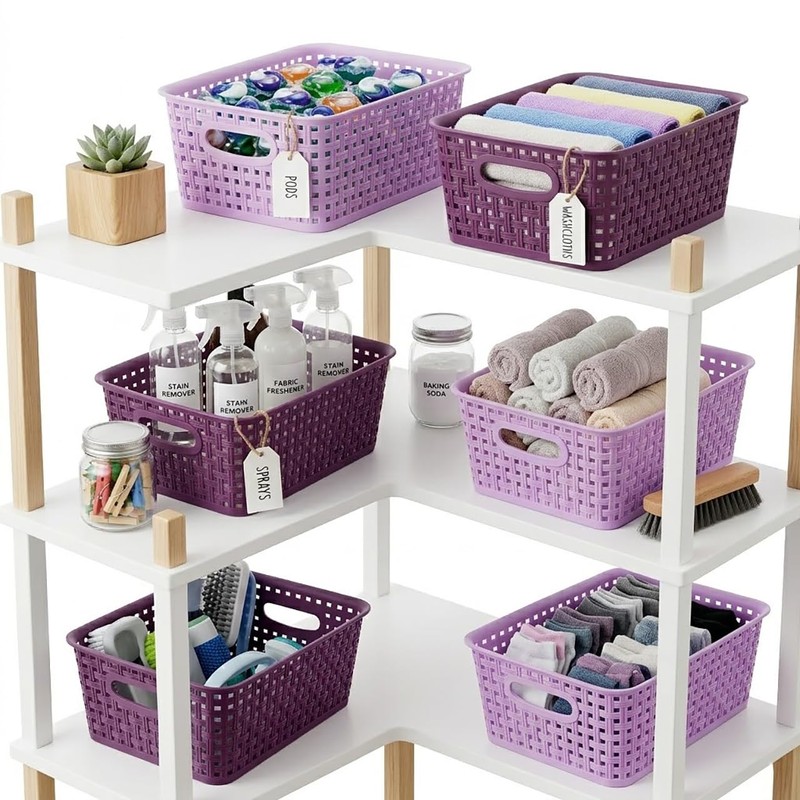 6-Pack Small Baskets, Purple Plastic Open Storage Weave Basket Versatile