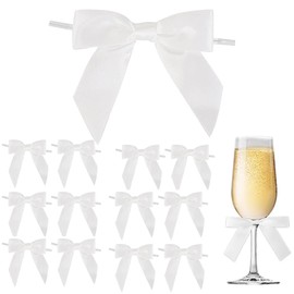Suithink 50 Pieces White Twist Tie Satin Bows,9cm Ribbon Bows for Gift Wrapping, Crafting Wedding, Birthday, Christmas Decoration (White)