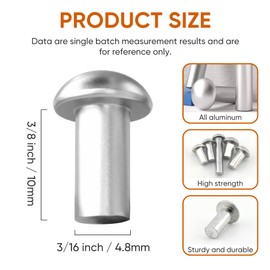 ALLCLEAN 3/16" Diameter X 3/8" Length Solid Aluminum Brazier Head Rivets,Aluminum Boat Rivets,Round/Dome Head Rivet,Pack of 150