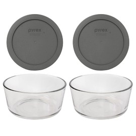 Pyrex 7201 4-Cup Glass Bowl & 7201-PC Puddle Gray Lid (2-Pack) - Made in USA