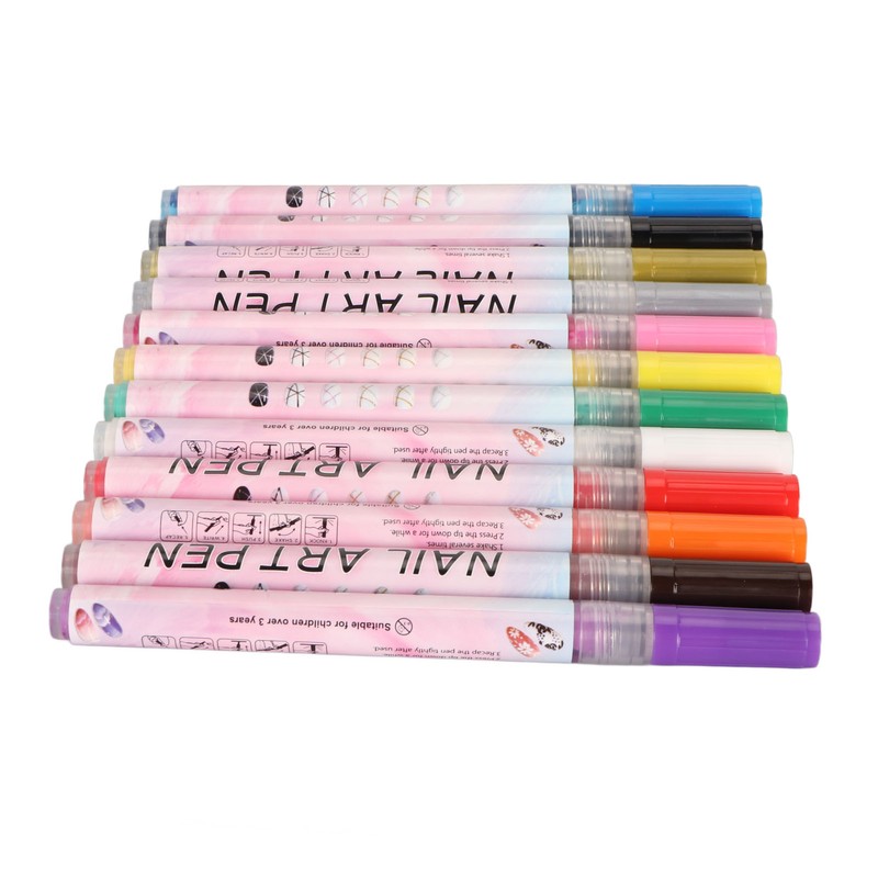 12Pcs 3D Nail Polish Pens 0.5mm Tip Bright Colors Easy