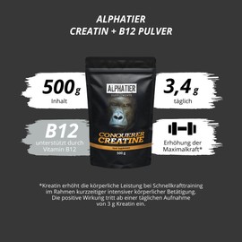 Creatine Monohydrate 500 g Creapure - Creatine Powder - High Dose + Vegan - Mass and Strength - Alpha Conquerer Creatine Monohydrate Powder for Strength Training and Bodybuilding