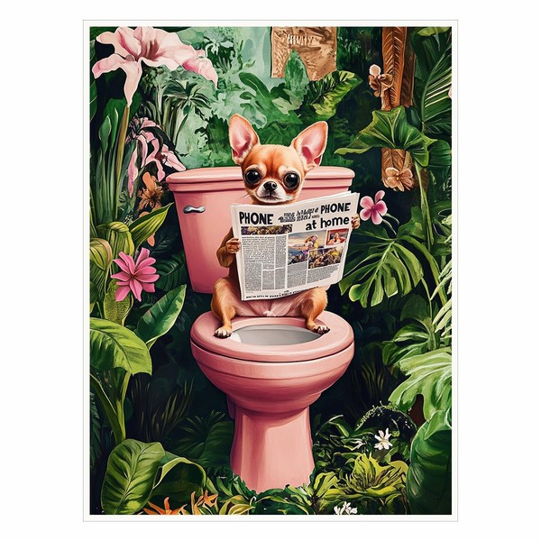 Chihuahua Sitting on an Open Toilet Reading a Newspaper Art