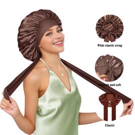 Satin Bonnet Silk Bonnet for Sleeping Women Hair Bonnet Night Sleep Cap Scarf wrap for Curly Hair Scrunchies Scalable Elastic with tie Band (Brown)