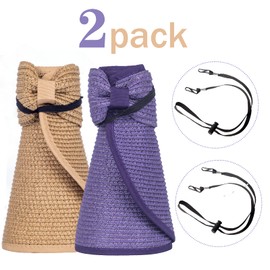 Women Sun Visors Foldable Straw Hats Purple Summer Beach Packable Hat Floppy Wide Brim Cap Deep Style, Adjustable Size