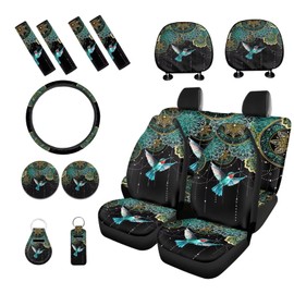 PCSJRKG Hummingbird Printed 15 Pcs Car Seat Cover Set, Mandala Flower Printed Car Accessories Set Front Rear Seat Covers Steering Wheel Cover Seat Belt Covers Car Headrest Cover