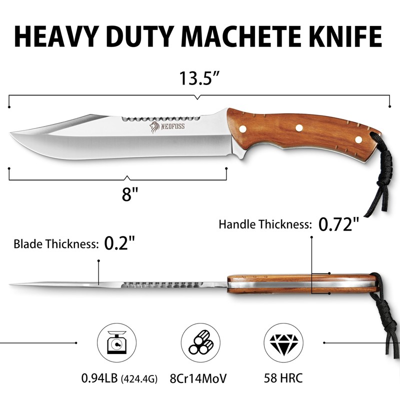 NedFoss 13.5" Machete Knife with Leather Sheath, Strong 8Cr14Mov Steel