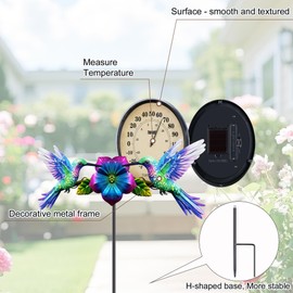 Hummingbird 6.1-inch Solar Outdoor Thermometer Indoor Wall Metal Decorative Lights for Garden,Patio,Lawn,Yard,Garage