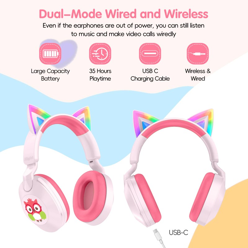 LOBKIN Kids Headphones Microphone Toddler Cat Ear LED Light Rotatable