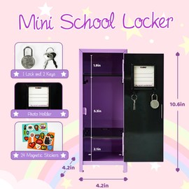 YOBRO Mini Locker with Lock and 2 Keys, 24PCS Magnetic Girl Power Themed Decor Stickers, Mini Lockers for Kids, Miniature Storage Locker for Desk, Home, Bedroom, Purple