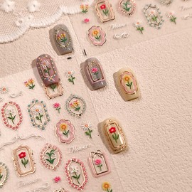 Flower Nail Stickers 5D Embossed Spring Nail Art Stickers Decals for Nail Art Designs Self Adhesive Flower Nail Decals Floral Daisy Summer Nails Supplies for Women Girls DIY Manicure