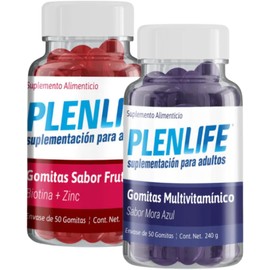 Plenlife 2 Pack Gomitas con Biotina y Zinc - Suplemento sin Azúcar Sabor Frutos Rojos y Multivitamínico Mora Azul 2 Frascos con 50 Unidades C/u