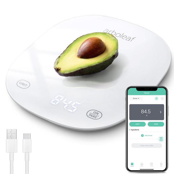 arboleaf Digital Kitchen Scales, Weighing Scales Kitchen, Scales Kitchen with Nutrition Calculator, Smart Kitchen Scales with Tare Function, USB Rechargeable, 10kg/22lb, White