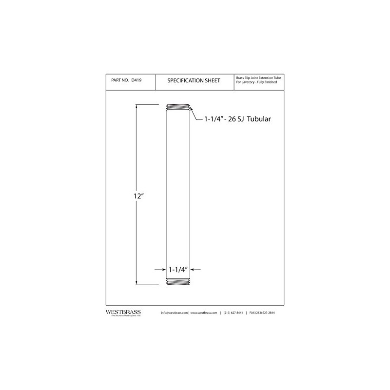 Westbrass D419-01 1-1/4" OD x 12" Double End Threaded Lavatory