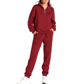 BTFBM Casual 1/4 Zip Sweatsuits Tracksuits 2024 Fall Clothes Sportswear Jogger Outfits 2 Piece Matching Sets For Women(Solid Red, Large)