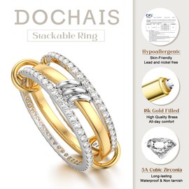 Dochais Gold Stackable Rings for Women Men Non Tarnish, 18k Gold Plated Cubic Zirconia Rings, Silver Gold Multi Ring Mixed Metals Stack Rings Set Size 7