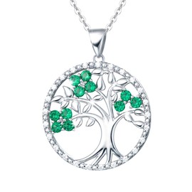AGVANA Tree of Life Necklace,925 Sterling Silver Necklace Created Emerald Tree Pendant Fine Jewellery for Women Girls with Gift Box, 16"+2" Extender
