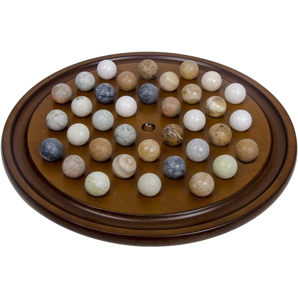 Mahogany Wooden Finish Authentic Handmade Solitaire Board Game Set with 36 Natural Marbles, for Ages 12 & up.
