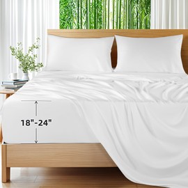 Shilucheng 100% Viscose Derived from Bamboo_Sheets, Extra Deep Pocket Sheets Fits 18"-24" Thick Mattress, Cooling & Breathable Bed Sheets 4Pcs, Hotel Silky Bedding Set (Queen,White)