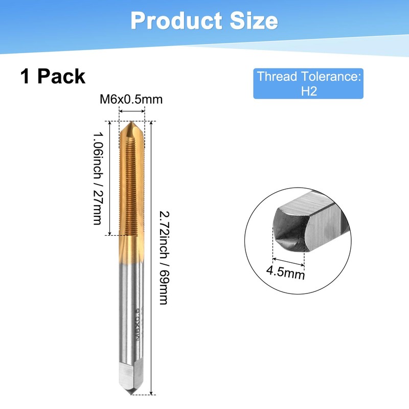 M METERXITY M6x0.5mm Metric Thread Tap, HSS Titanium Coated 69mm