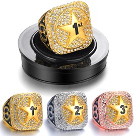 Highergo 3 Pcs 1st 2nd 3rd Place Championship Trophy Ring with Display Neck Chain and Stand Finalist Participant Gold Silver Bronze Tone Finalist Participant Ring for Finalist Participant Match