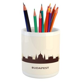 Ambesonne Hungary Pencil Pen Holder, Silhouette of Budapest City Famous Eastern European Architecture Panorama, Ceramic Pencil Holder for Desk Office Accessory, 3.6" X 3.2", Seal Brown and Ivory