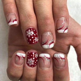 Christmas Press on Nails Short Square MABKJLF French Tip Fake Nails Winter False Nails with Designs Snowflake Silver Glitter Glossy Glue on Nails Xmas Acrylic Nails for Women Girls 24 Pcs
